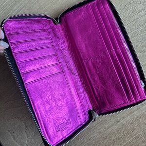 Mz Wallace Full Black leather zip wallet with pink metallic inside
